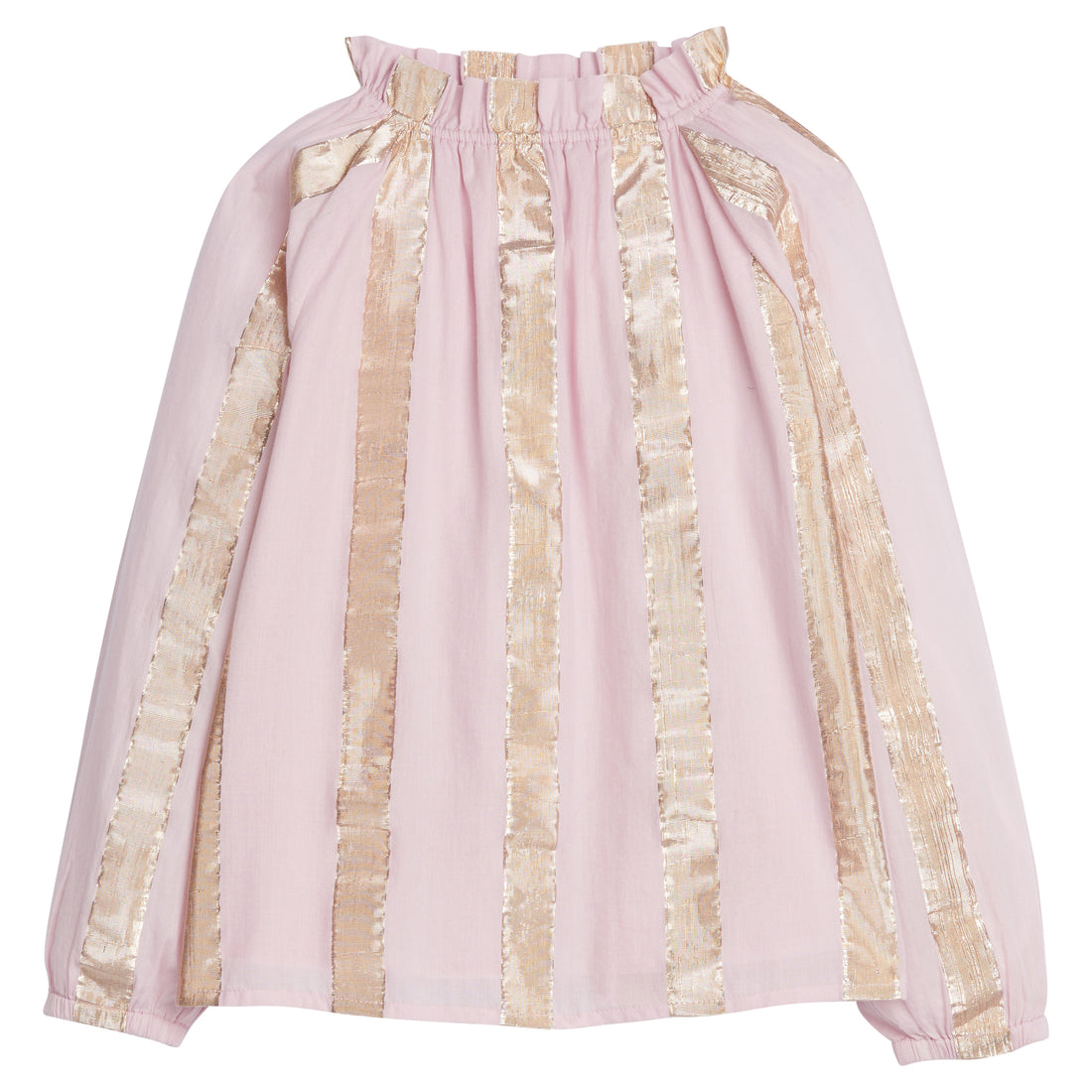 Girls/Tween woven top in our Pink Metallic Stripe pattern which has thick pink and gold metallic stripes. The neckline is elastic, along with the cuffs on the sleeves, and has ruffles on the top. Top is also made from a lightweight woven material-BISBY 