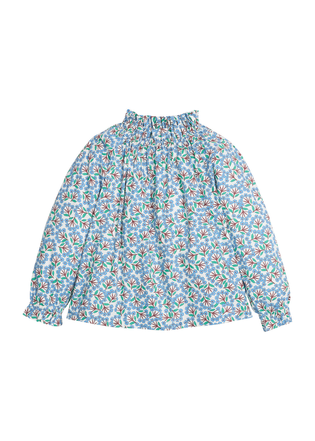 Girls/tween woven top in blue/green/brown floral print that features an elastic high neck collar and elastic cuffs at sleeves for a secure but relaxed fit. 