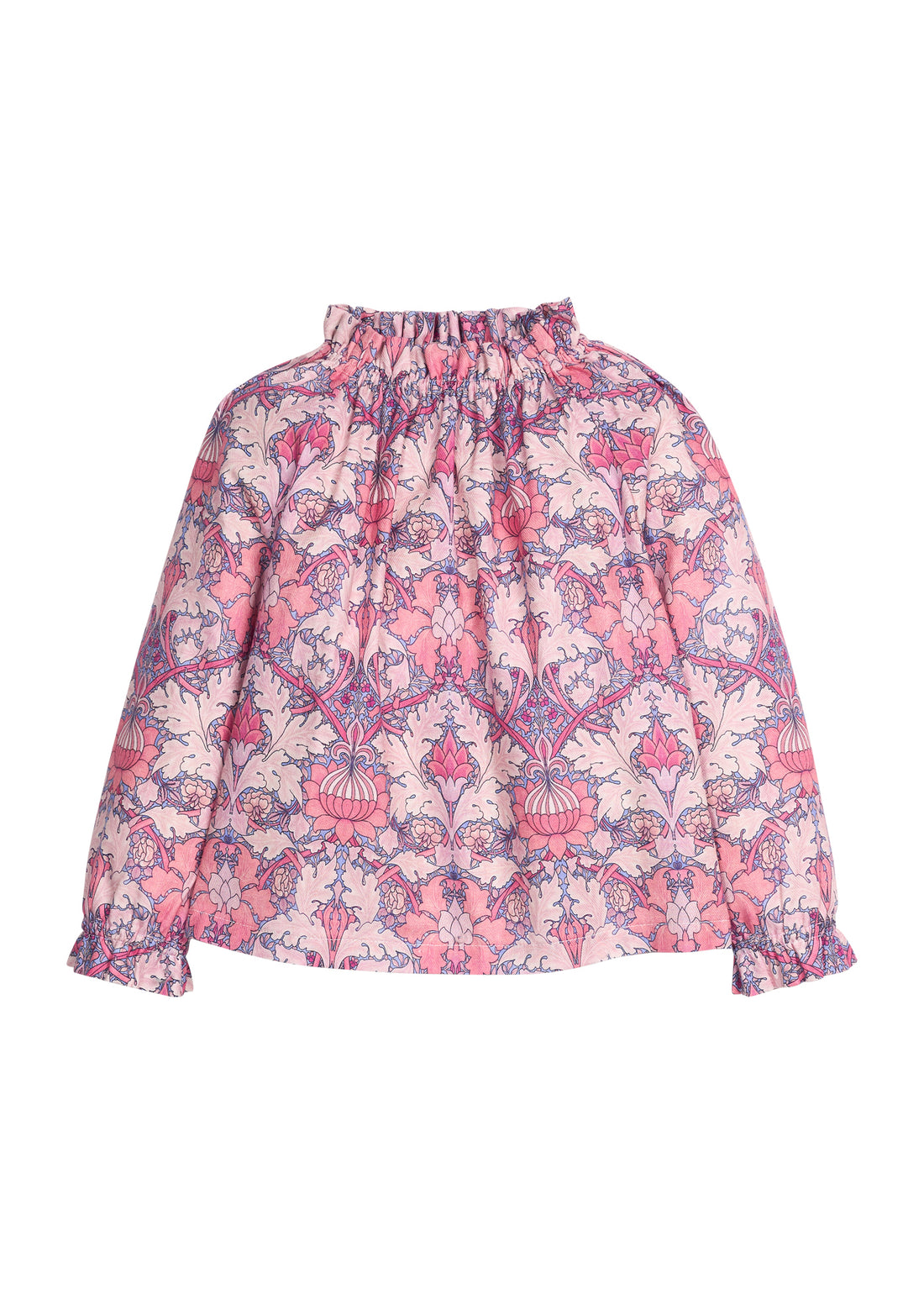 Girls/tween woven top in pink/purple floral print that features an elastic high neck collar and elastic cuffs at sleeves for a secure but relaxed fit.