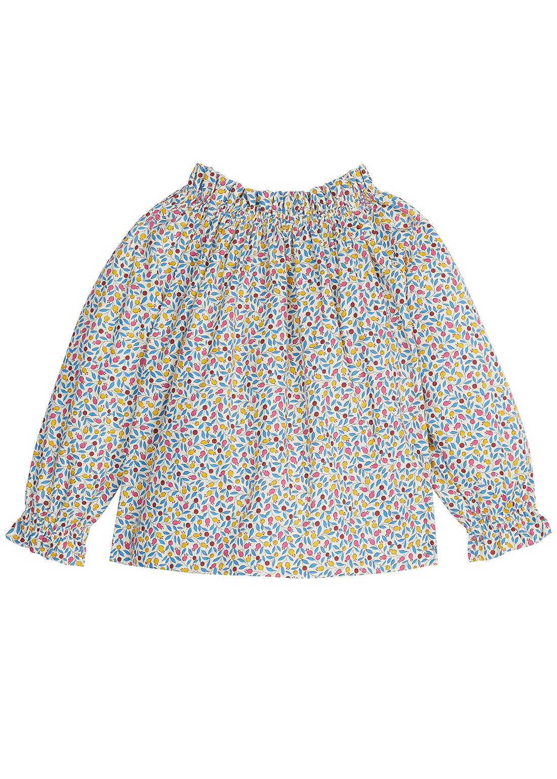 Long Sleeve white underlay top with little berry pattern (light pink/yellow/blue/red) and slight ruffle on end of sleeves--ToryTop BISBY girls/teens