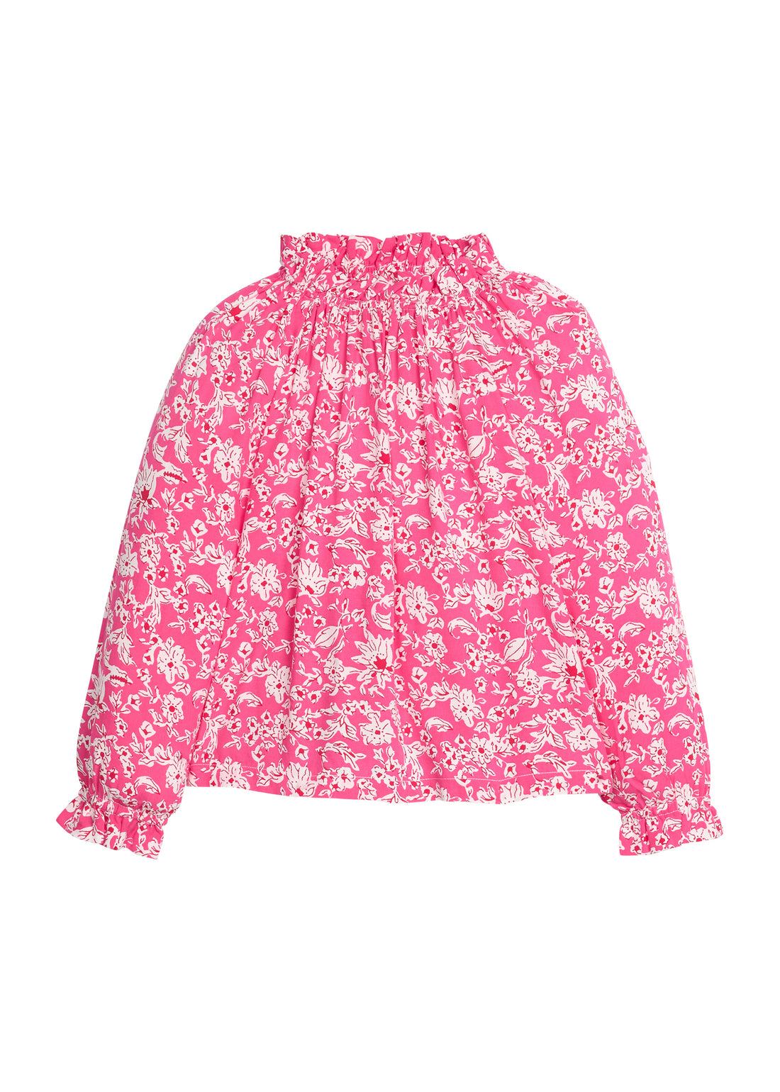 Girls/tween rayon top in pink/red/white floral print that features an elastic high neck collar and elastic cuffs at sleeves for a secure but relaxed fit. 