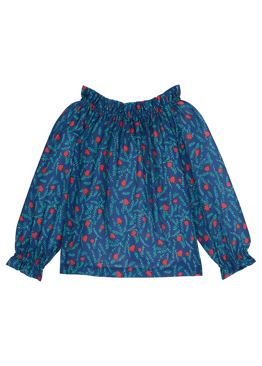 Navy ruffleneck flowy top with red roses/green leaves--ToryTop BISBY girls/teens
