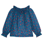 Navy ruffleneck flowy top with red roses/green leaves--ToryTop BISBY girls/teens