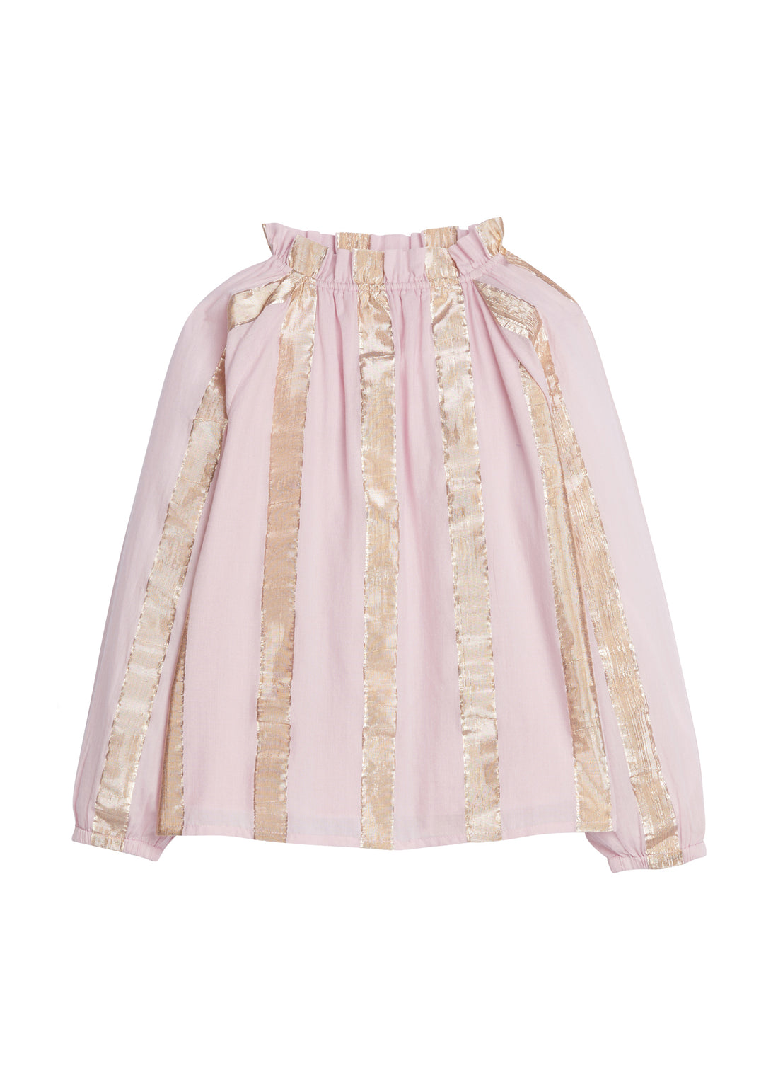 Girls/Tween woven top in our Pink Metallic Stripe pattern which has thick pink and gold metallic stripes. The neckline is elastic, along with the cuffs on the sleeves, and has ruffles on the top. Top is also made from a lightweight woven material-BISBY 
