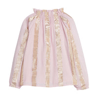 Girls/Tween woven top in our Pink Metallic Stripe pattern which has thick pink and gold metallic stripes. The neckline is elastic, along with the cuffs on the sleeves, and has ruffles on the top. Top is also made from a lightweight woven material-BISBY 