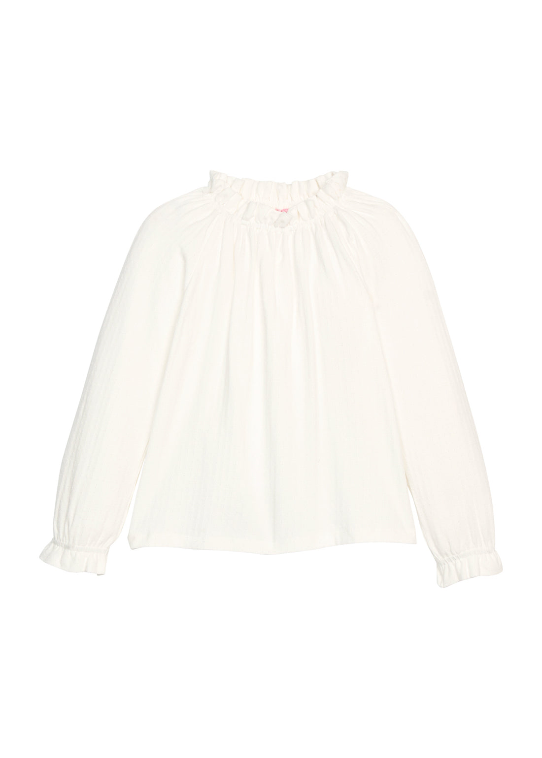 Girls/tween knit top in a white pointelle material that features an elastic high neck collar and elastic cuffs at sleeves for a secure but relaxed fit. 