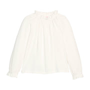 Girls/tween knit top in a white pointelle material that features an elastic high neck collar and elastic cuffs at sleeves for a secure but relaxed fit. 