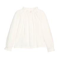 Girls/tween knit top in a white pointelle material that features an elastic high neck collar and elastic cuffs at sleeves for a secure but relaxed fit. 