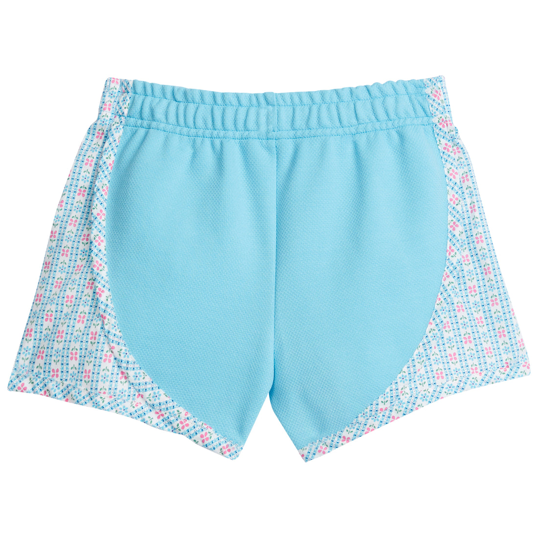 Girl/tween basic turquoise athletic type short with blue daisy pattern print along outside of shorts. 