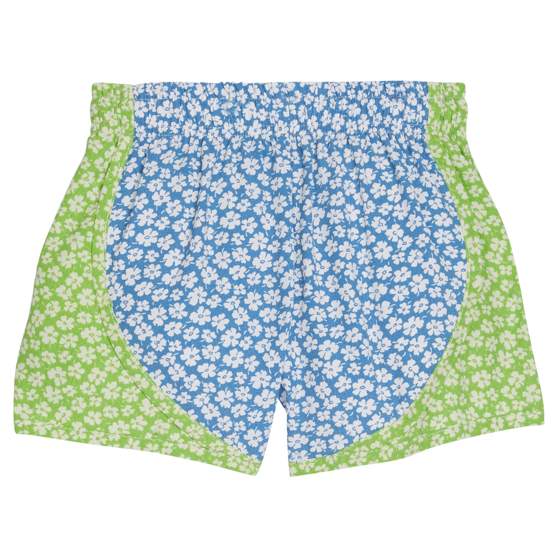 Girl/tween athletic short with elastic waistband that have blue and white floral pattern in the middle of shorts and light green and white floral pattern along outside of shorts.