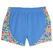 Girl/tween athletic short with solid blue pique in middle of short and colorful floral pattern printed on the outside of the short.