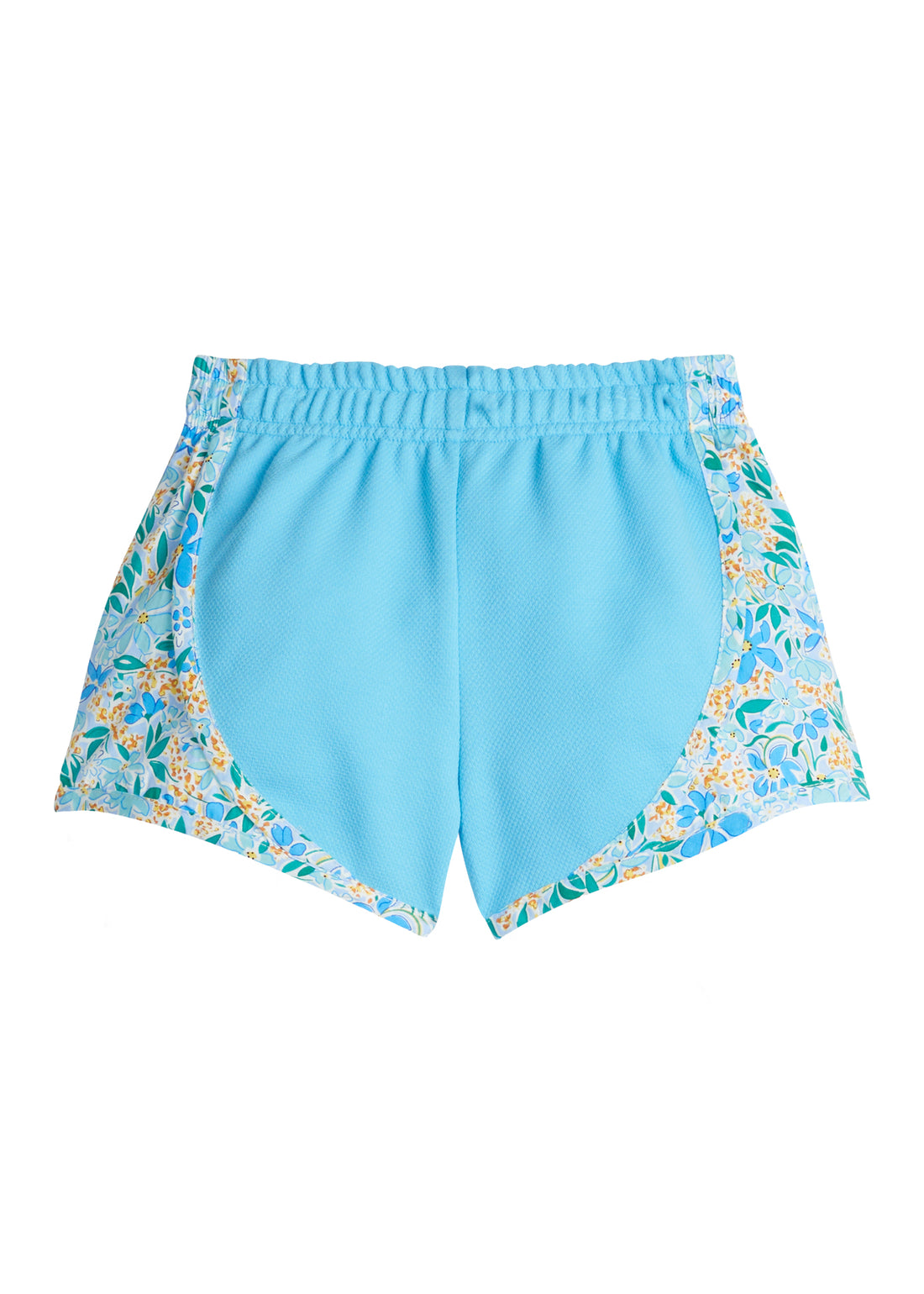 Girl/Tween basic blue athletic type track short with blue/yellow/white pattern print along outside of shorts. 