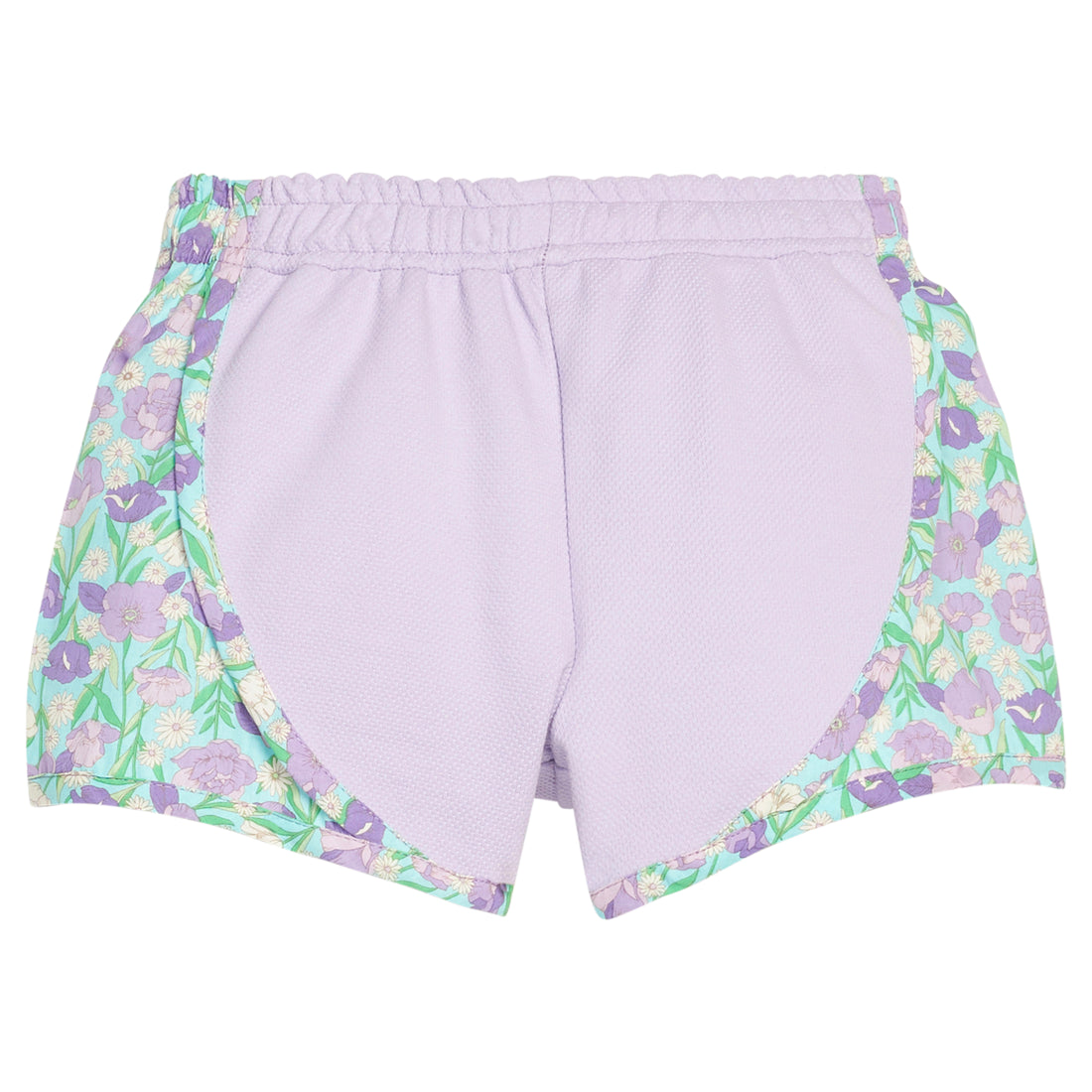 BISBY girl knit purple track shorts with woven green/aqua/purple floral print detail along sides of shorts. Shorts feature an elastic waistband as well for a secure but relaxed fit. 