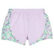 BISBY girl knit purple track shorts with woven green/aqua/purple floral print detail along sides of shorts. Shorts feature an elastic waistband as well for a secure but relaxed fit. 