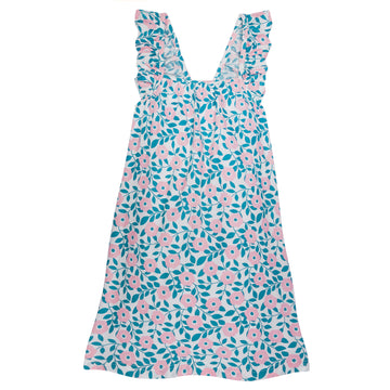 Girl/tween dress with adjustable ruffle straps and has a pink and turquoise print floral pattern on top of white background.