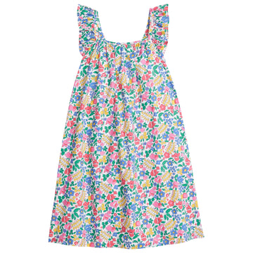 Girl/tween dress with adjustable ruffle straps and colorful floral print.