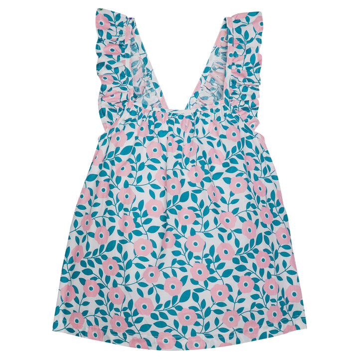 Girl/tween top with ruffle adjustable straps with pink and turquoise floral print on white background.