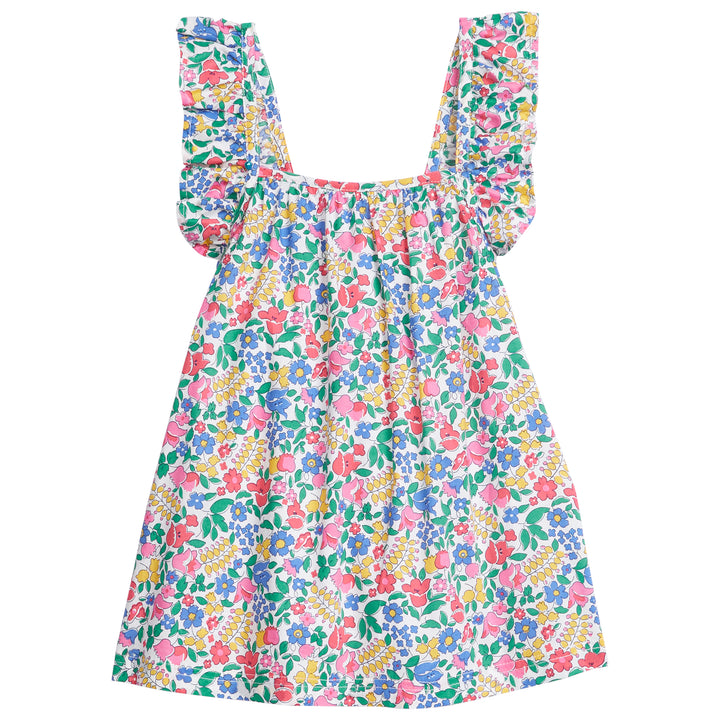 Girl/tween top with ruffle adjustable straps in a colorful floral print.