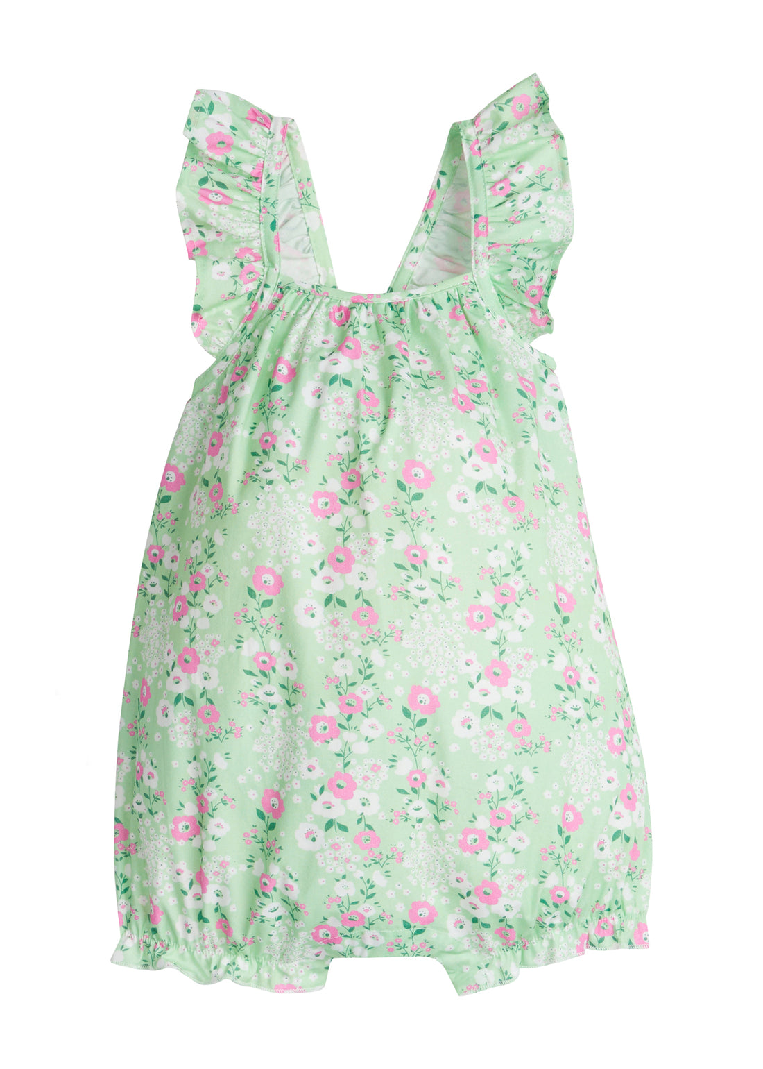 Baby girl bubble with adjustable ruffle straps and elastic along leg openings. Has a light pink and white floral print on top of a light green background.