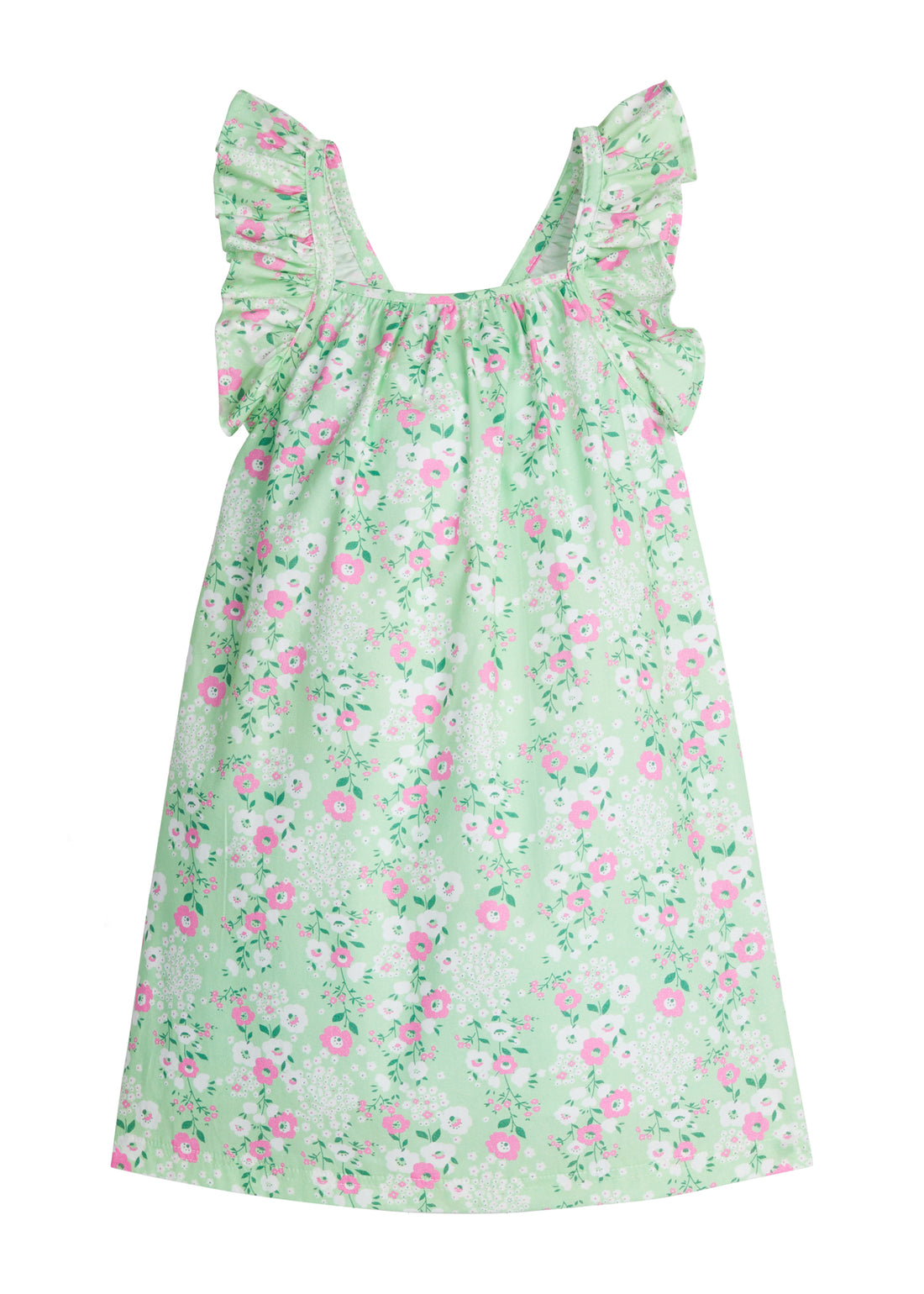 Girl/Tween woven  dress with adjustable ruffle straps and has a light green/white/pink  floral pattern. 