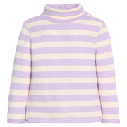 Girls/tween striped knit long sleeve with purple and cream horizontal stripes.