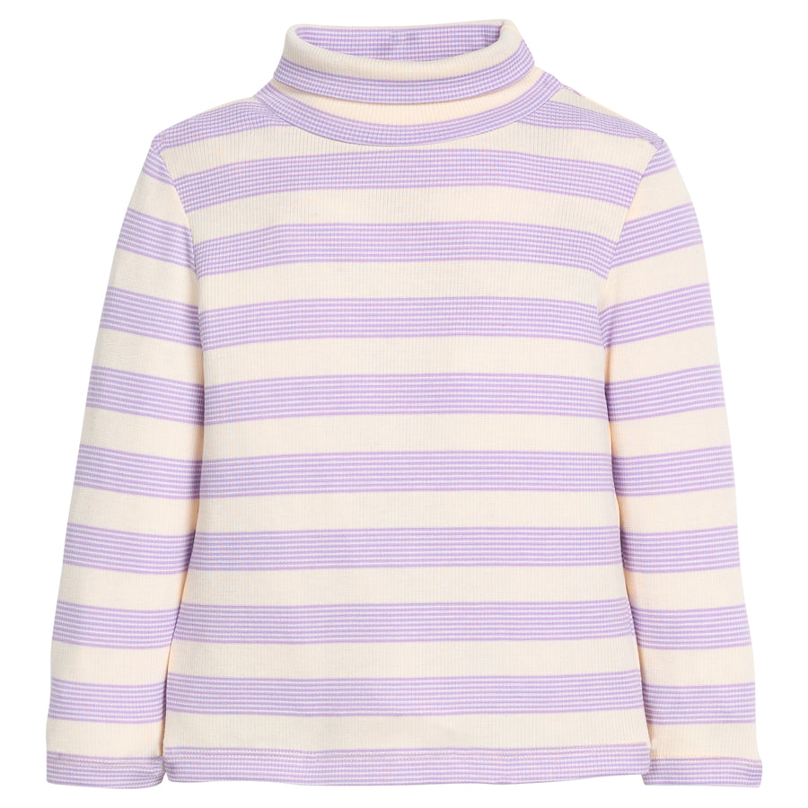 Girls/tween striped knit long sleeve with purple and cream horizontal stripes.