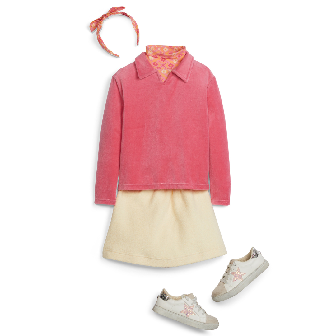 pink floral turtleneck with pink velour polo and cream sherpa mini skirt for girls