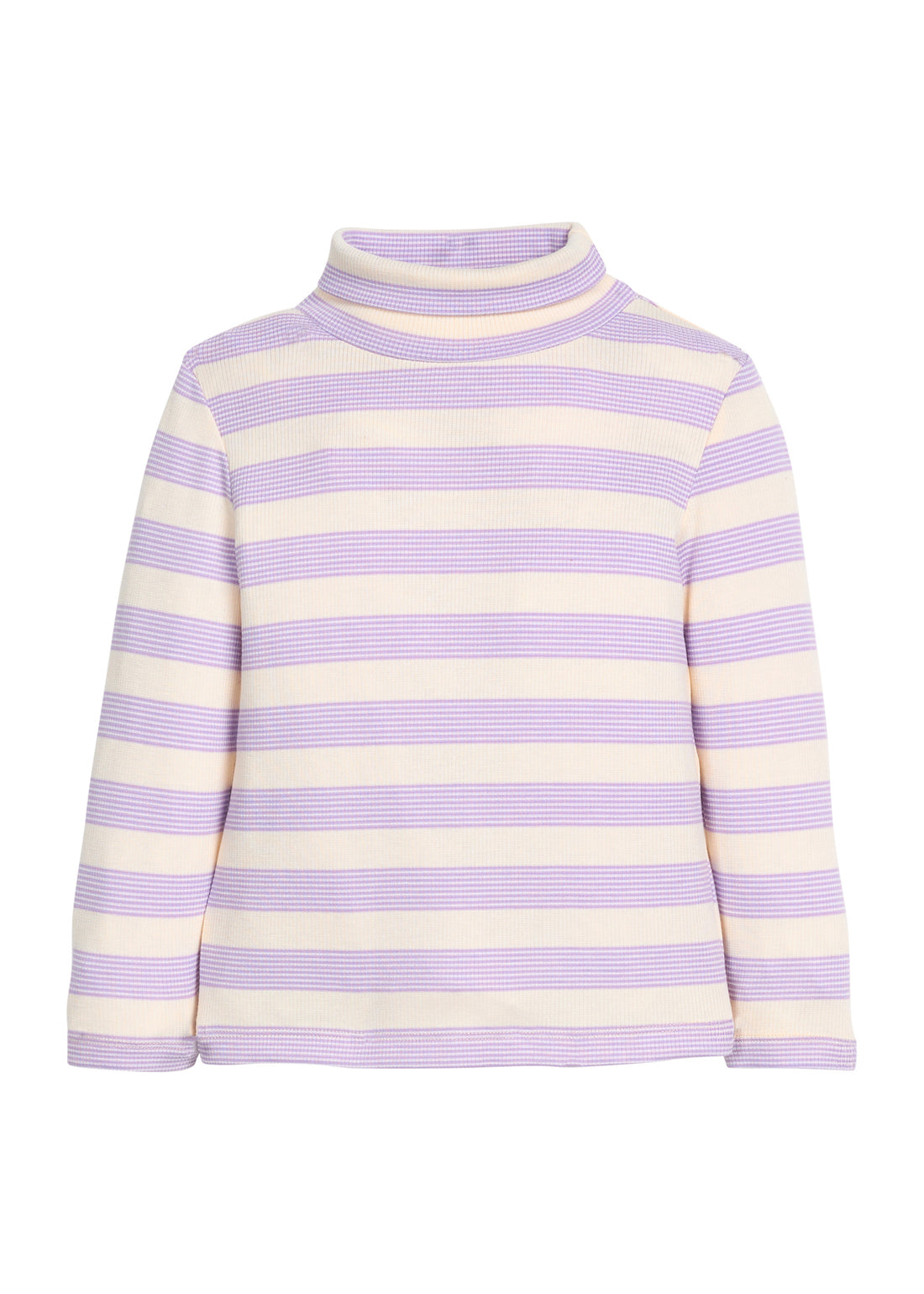 Girls/tween striped knit long sleeve with purple and cream horizontal stripes.