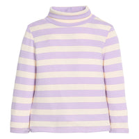 Girls/tween striped knit long sleeve with purple and cream horizontal stripes.