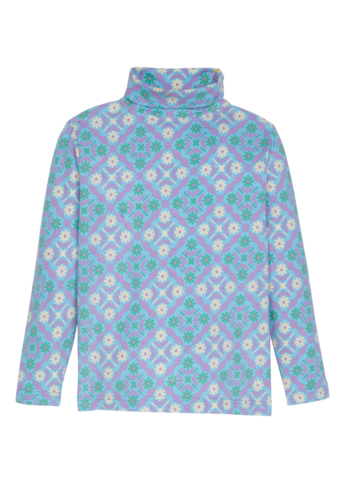 Our super soft long sleeve turtleneck back in our Seville Azul print. It features a fun green/cream/blue and purple print--BISBY