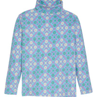 Our super soft long sleeve turtleneck back in our Seville Azul print. It features a fun green/cream/blue and purple print--BISBY