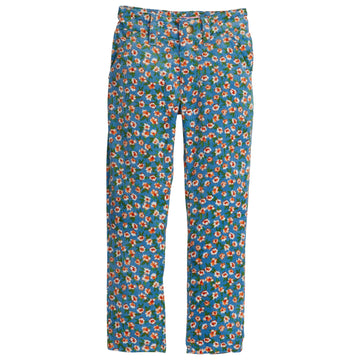 Dark Turquoise blue pant with orange/red floral design corduroy straight leg pant--TwiggyCords BISBY girls/teens