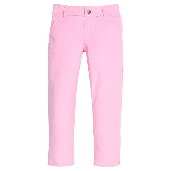 Girls/tween pink corduroy pants that feature functional pockets and snap button closure. 