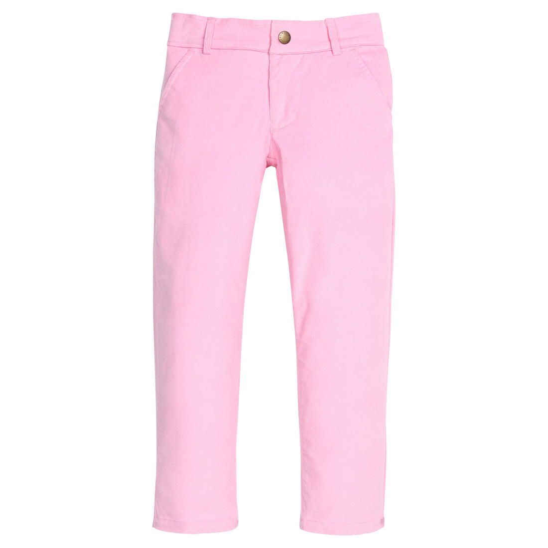 Girls/tween pink corduroy pants that feature functional pockets and snap button closure. 