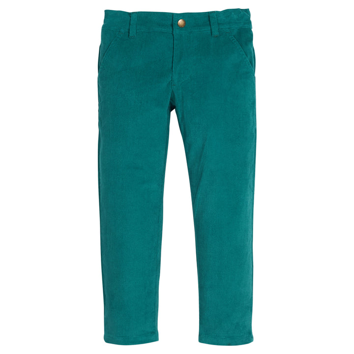 Girls/tween green velvet pants that feature functional pockets and a snap button closure. 