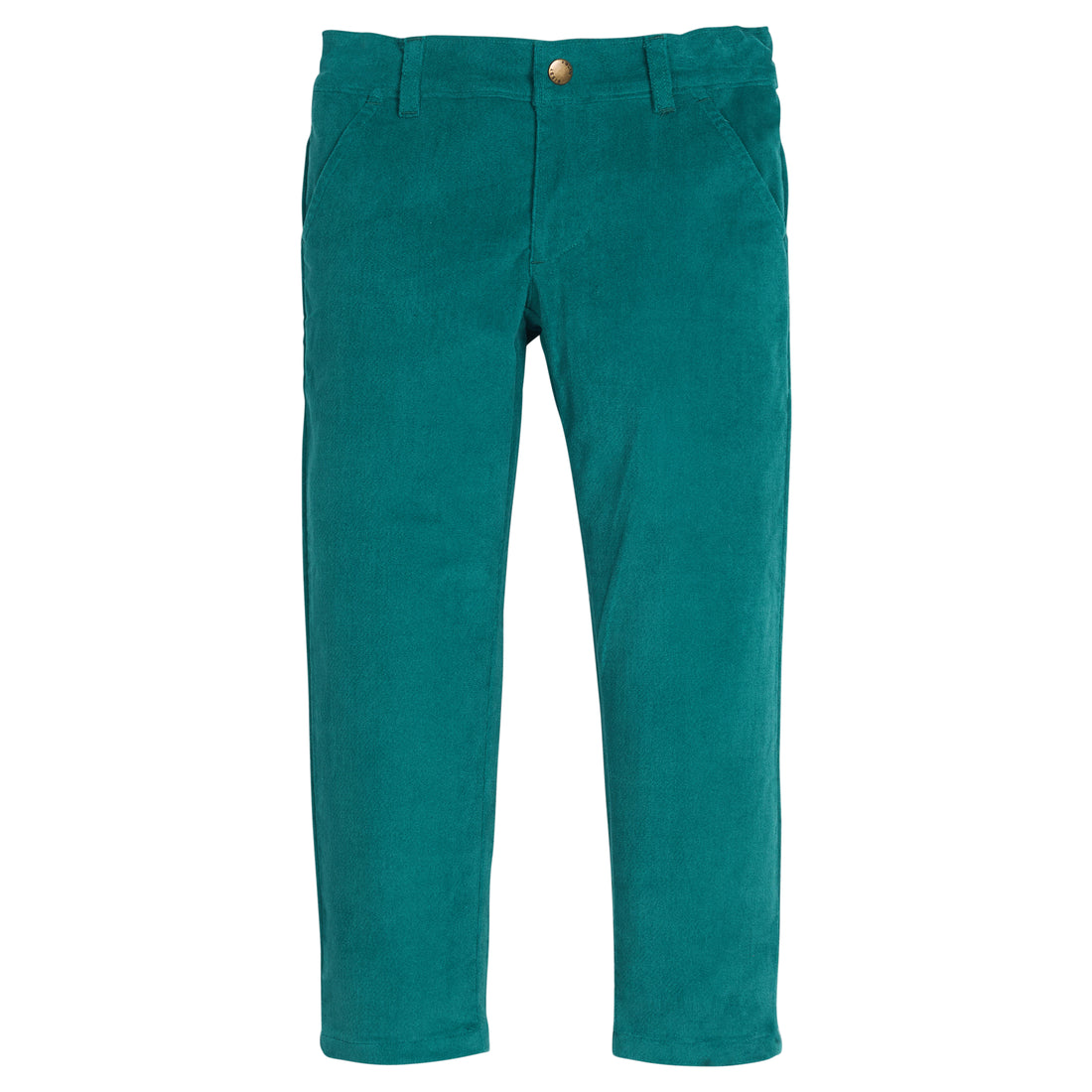 Girls/tween green velvet pants that feature functional pockets and a snap button closure. 