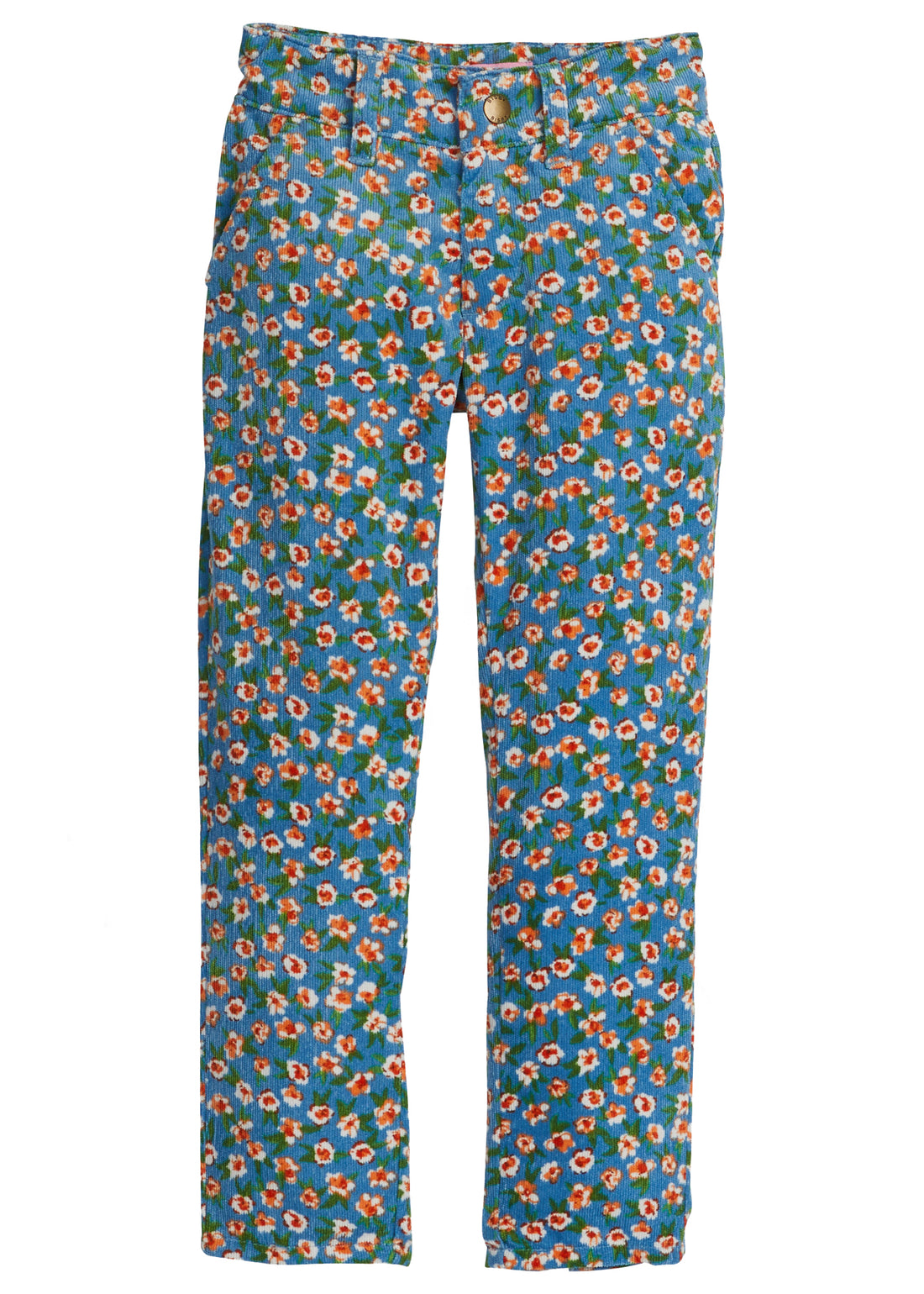 Dark Turquoise blue pant with orange/red floral design corduroy straight leg pant--TwiggyCords BISBY girls/teens