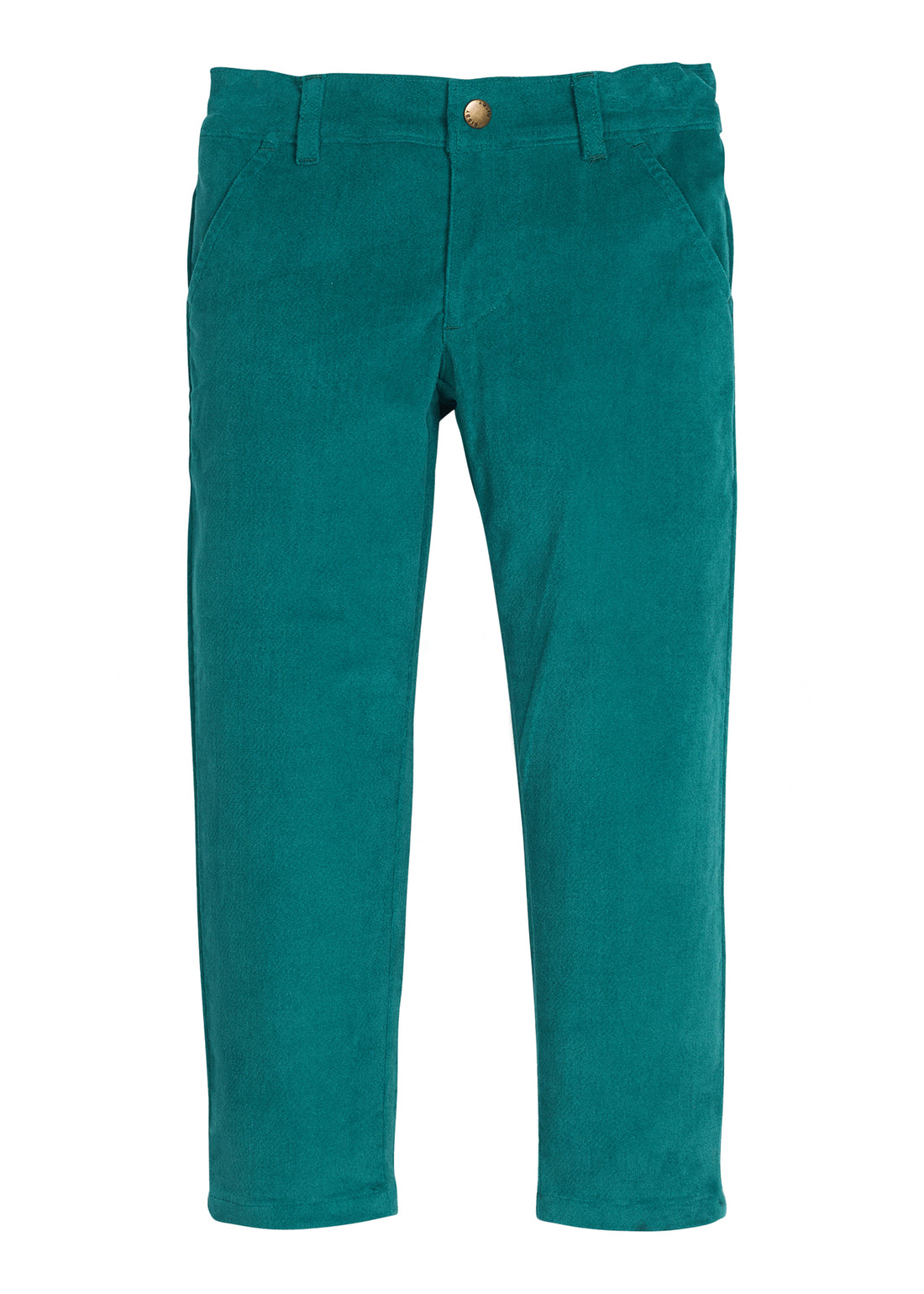 Girls/tween green velvet pants that feature functional pockets and a snap button closure. 