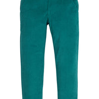 Girls/tween green velvet pants that feature functional pockets and a snap button closure. 