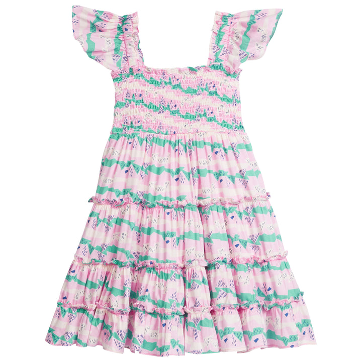 Girl/tween dress with ruffle sleeves and ruching across bust. It features a fun light pink, green, navy, and cream geometric design.