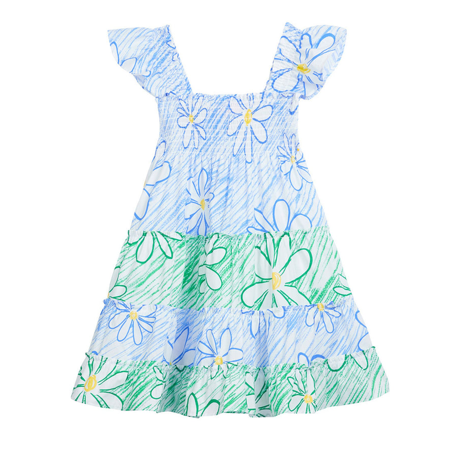 girls tween green and blue colorblock dress with ruffle sleeves with daisies 