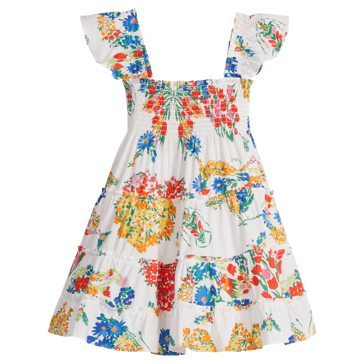Girls/Tween woven dress with multi colored floral arrangement. Dress features angel sleeves and ruching at bust for a comfy and airy fit. 