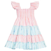 BISBY girl woven pink and blue stripe colorblock pattern. Dress features angel sleeves, smocking across bust, and outside surging detail for an elevated look.
