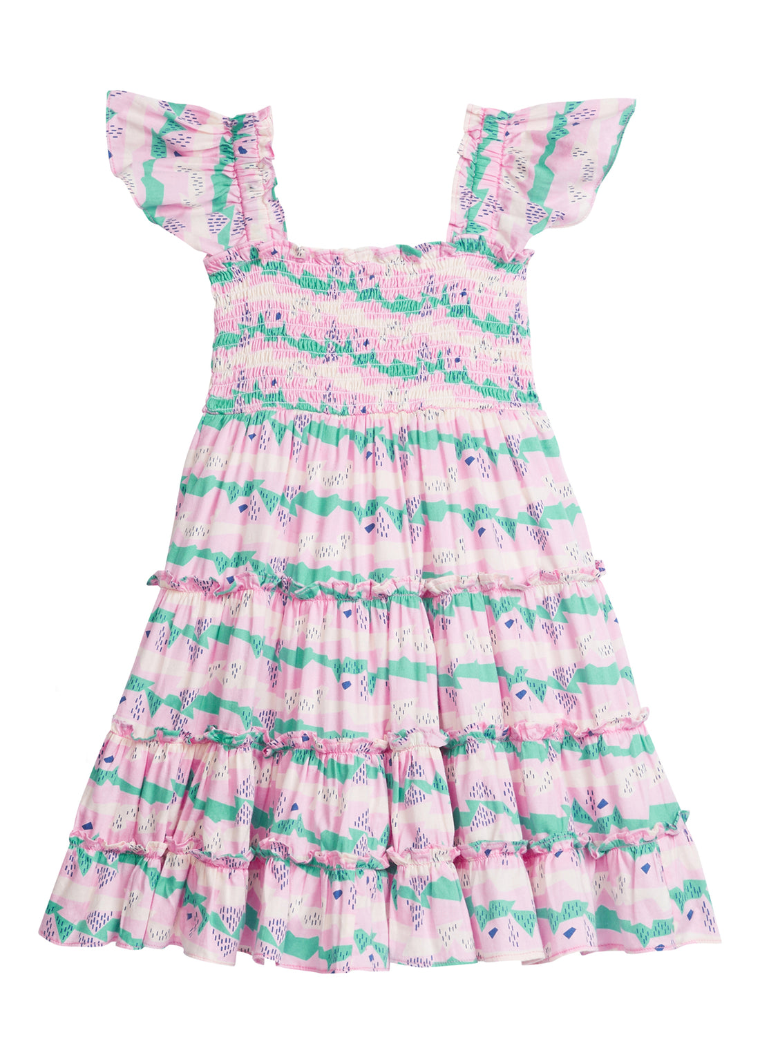 Girl/tween dress with ruffle sleeves and ruching across bust. It features a fun light pink, green, navy, and cream geometric design.