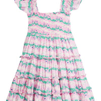 Girl/tween dress with ruffle sleeves and ruching across bust. It features a fun light pink, green, navy, and cream geometric design.