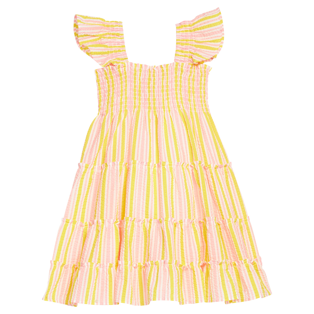 BISBY girl woven seersucker dress in a yellow and salmon pink stripe. Dress features angel sleeves, smocking across bust, and outside surging detail for an elevated look.