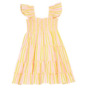 BISBY girl woven seersucker dress in a yellow and salmon pink stripe. Dress features angel sleeves, smocking across bust, and outside surging detail for an elevated look.