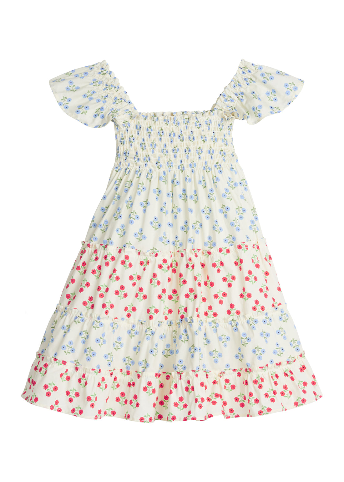 Girls/Tween woven dress with blue and red floral print. Dress features angel sleeves and ruching at bust for a comfy and airy fit. 
