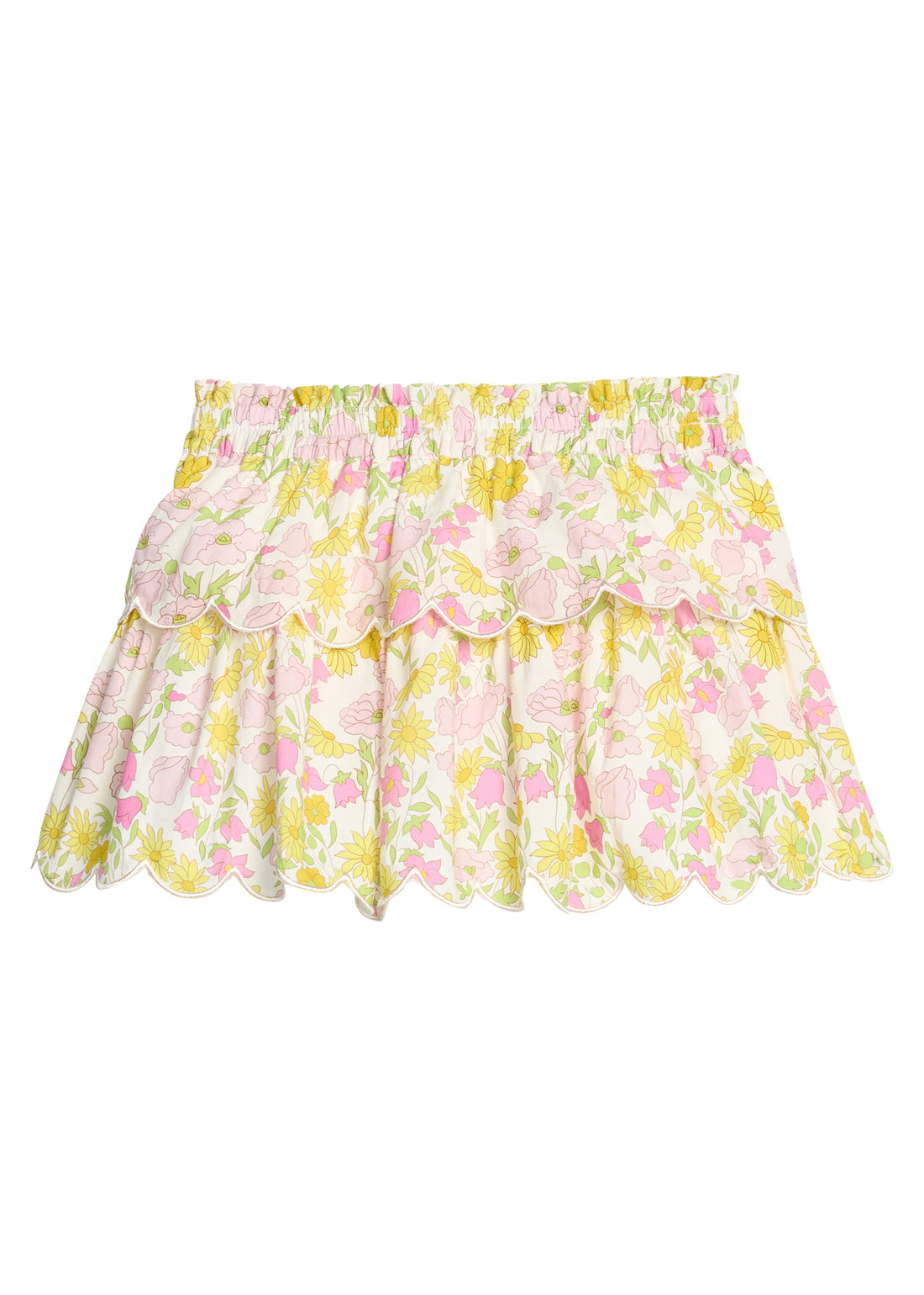 BISBY girl woven two tiered skort in a pink and yellow floral. Skort features built in shorts, cream embroidery along scallops, and elastic waistband.