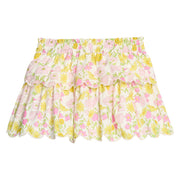 BISBY girl woven two tiered skort in a pink and yellow floral. Skort features built in shorts, cream embroidery along scallops, and elastic waistband.